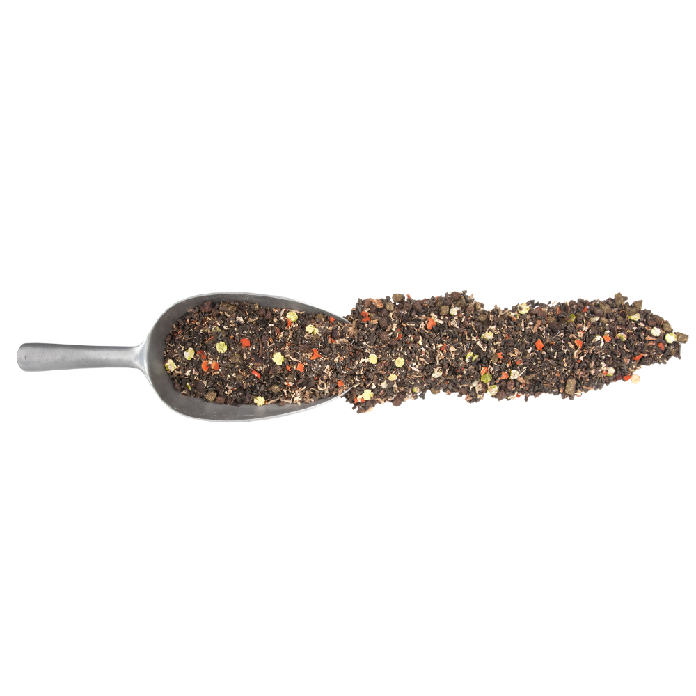 Spoon filled with a blend of herbs and spices promoting natural health for horses, featuring PUR.MASH.