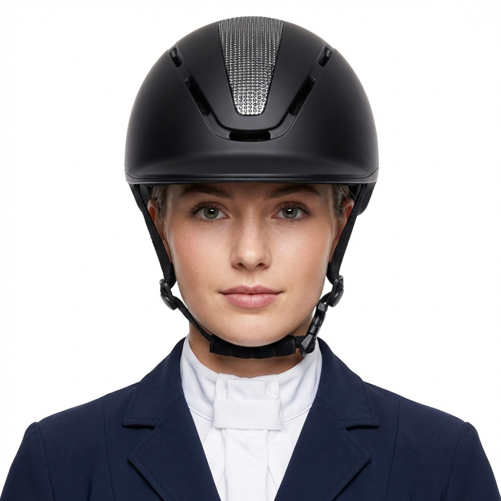Ucaco AeroCore Riding Helmet – Lightweight & Ventilated, worn by a rider in a navy outfit.