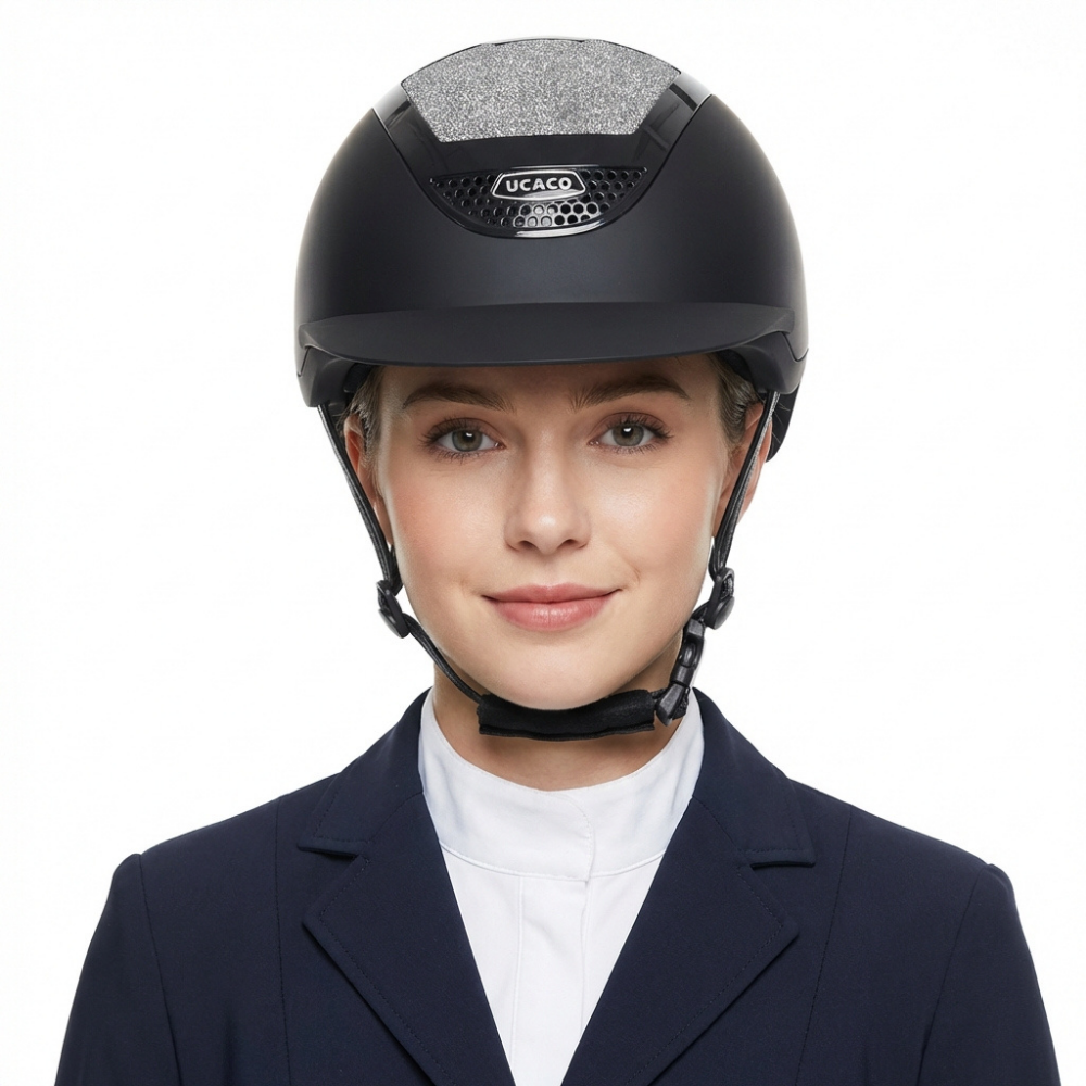Ucaco Celestia Luxe Riding Helmet on a woman, showcasing luxury and safety features of Alzarrab in Dubai.