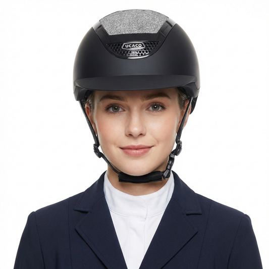 Ucaco Celestia Luxe Riding Helmet on a woman, showcasing luxury and safety features of Alzarrab in Dubai.