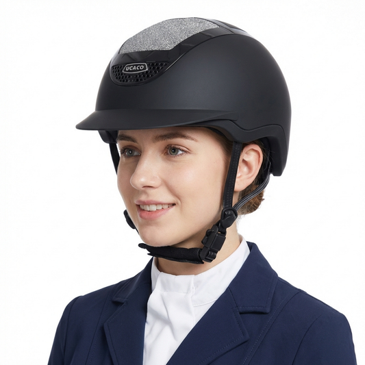 Ucaco Celestia Luxe Riding Helmet on a rider, showcasing luxury safety and lightweight design.