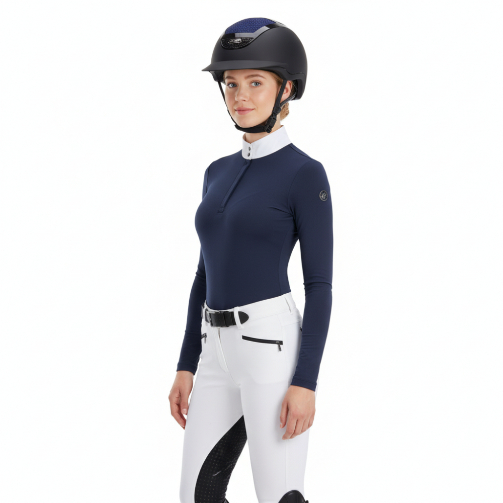 Ucaco Celestia Luxe Riding Helmet worn by a rider in stylish equestrian attire, showcasing luxury and safety.