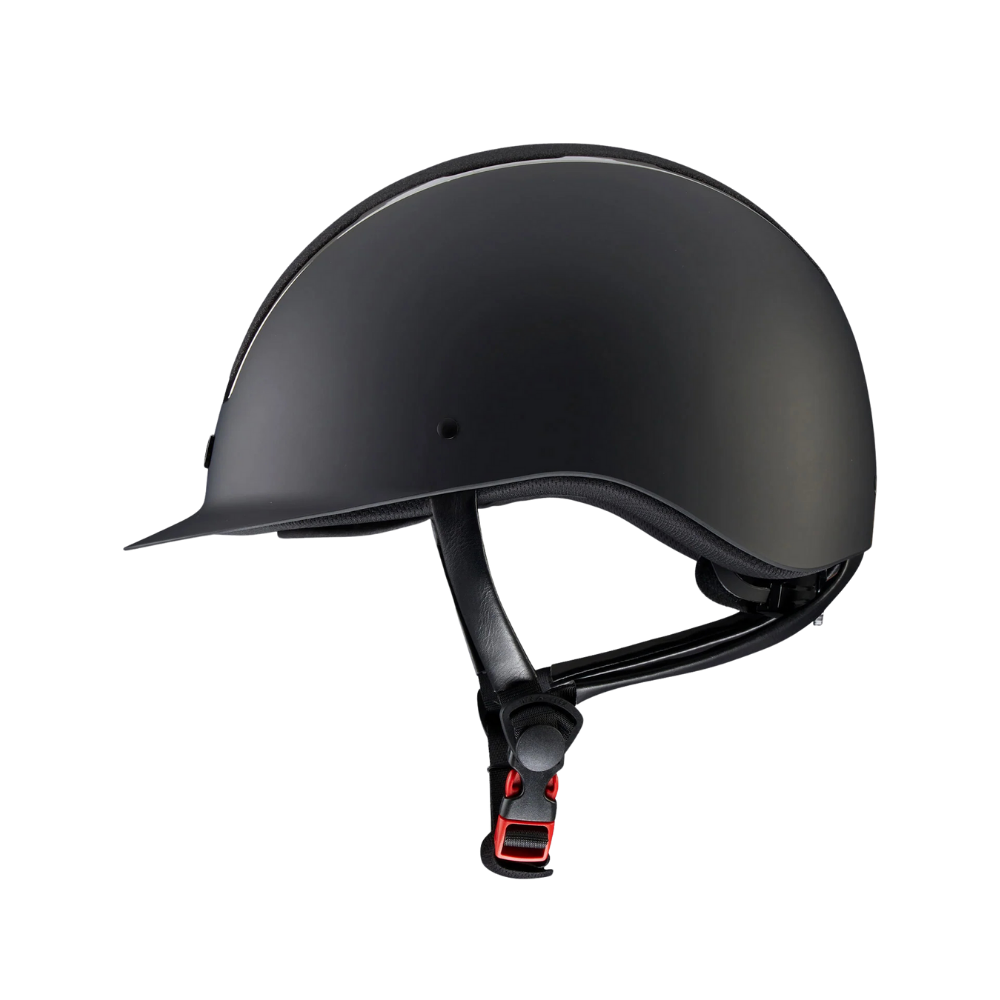 Alzarrab PE Odyssey Horse Riding Helmet-Black side view, showcasing its sleek design and secure chin strap.