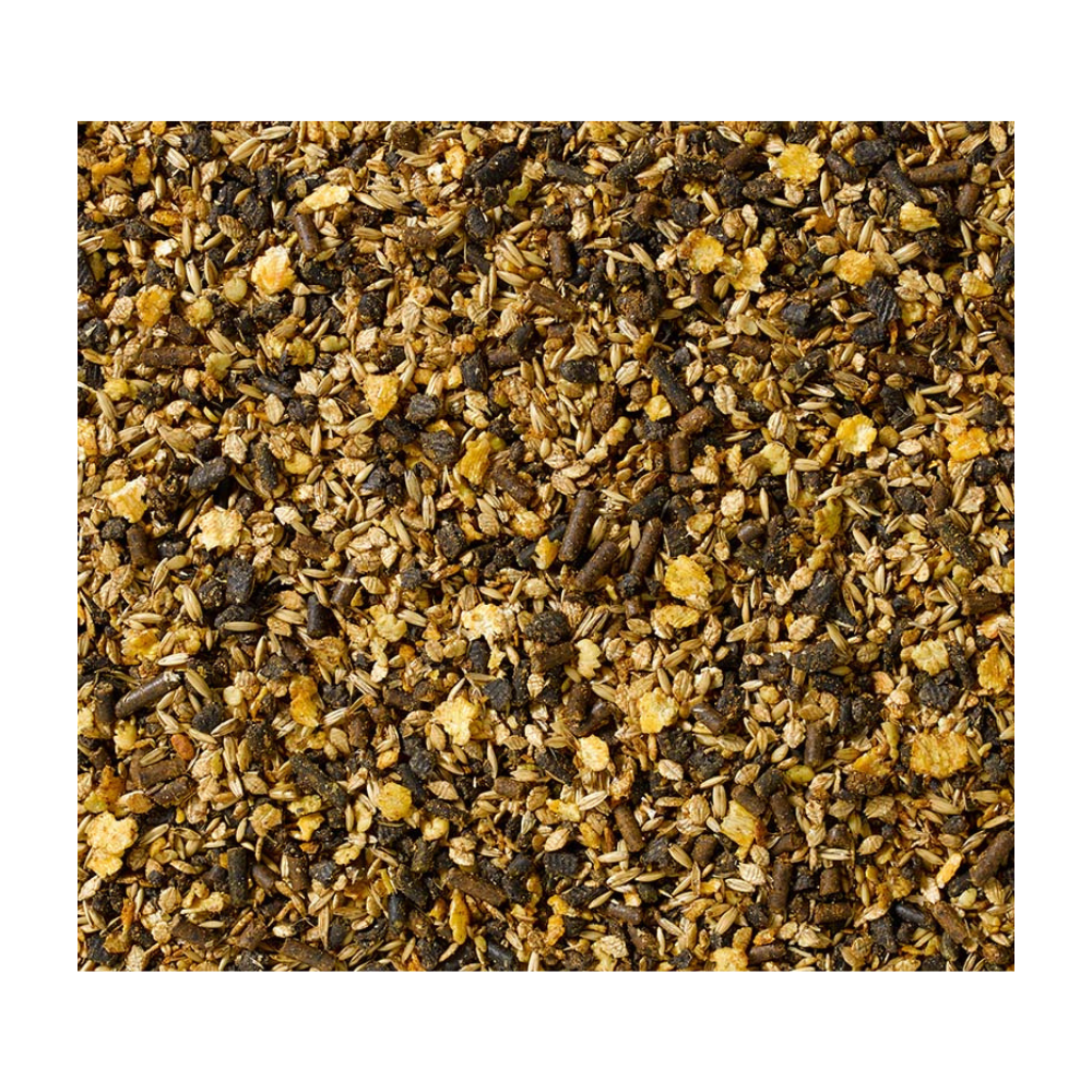 "ENDURO 100‑SARACEN UK mixed with forage for slow-release energy" 💧🌾Close-up of a mix of black and yellow tea leaves on a white background