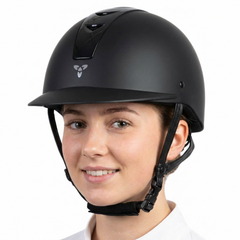 Ucaco Dora Premium Riding Helmet worn by a smiling rider, showcasing sporty design and safety features.