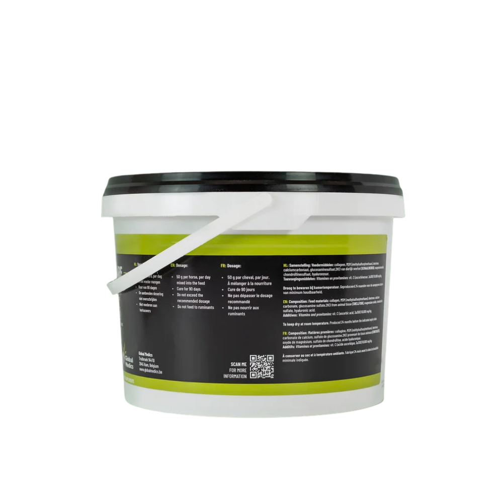 Tendon-Care supplement container designed for healthy equine tendons, featuring usage instructions and nutritional information.