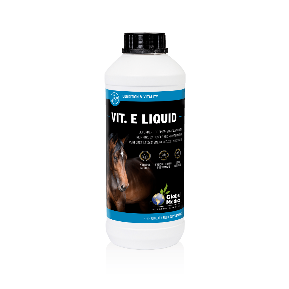 VIT. E LIQUID supplement for healthy muscle and nerve function in horses, by Global Medics.
