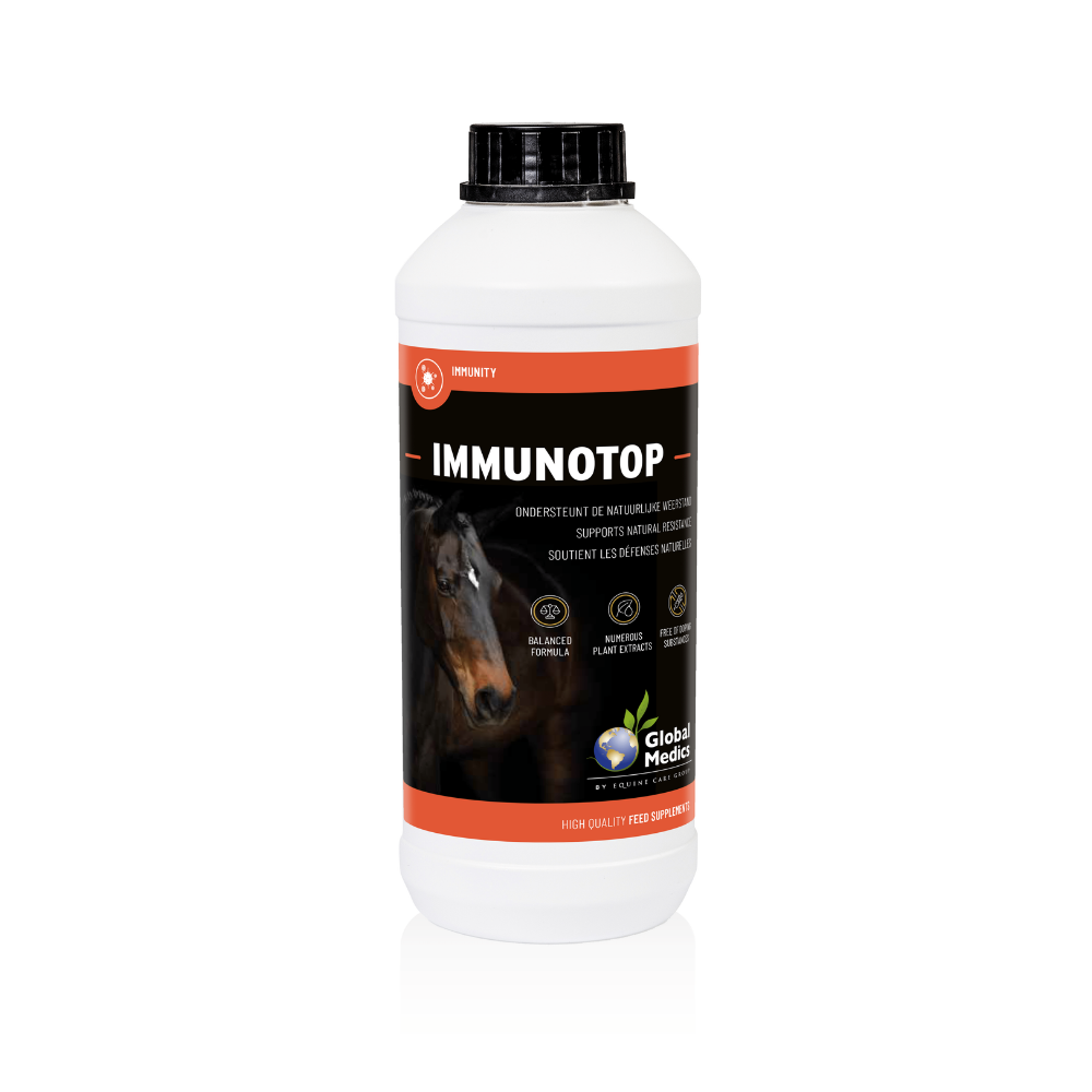 Bottle of IMMUNOTOP, a natural immunity support supplement for horses, promoting health and wellness.
