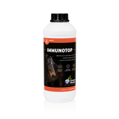 Bottle of IMMUNOTOP, a natural immunity support supplement for horses, promoting health and wellness.