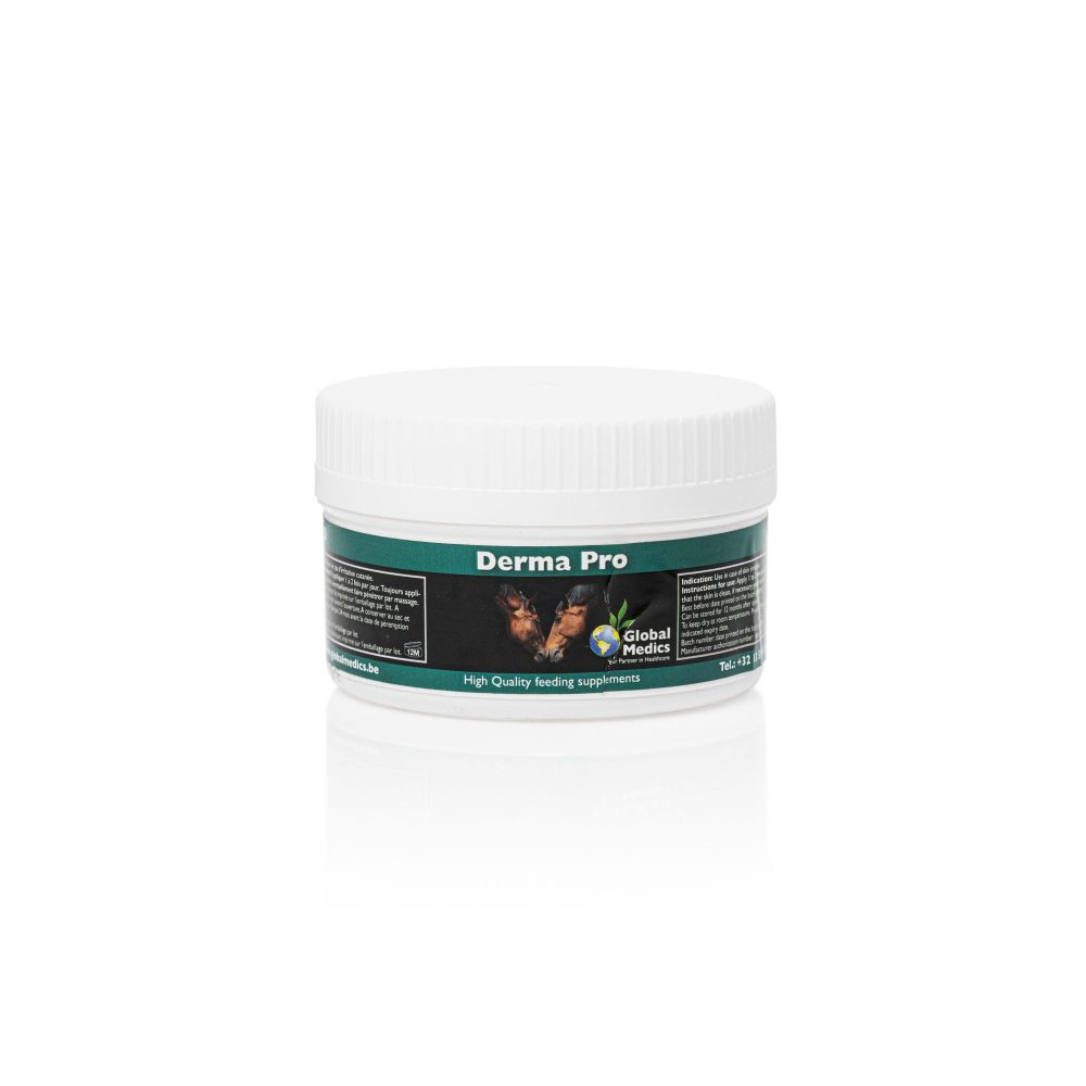 Derma Pro skin repair and protection supplement for horses in a container.
