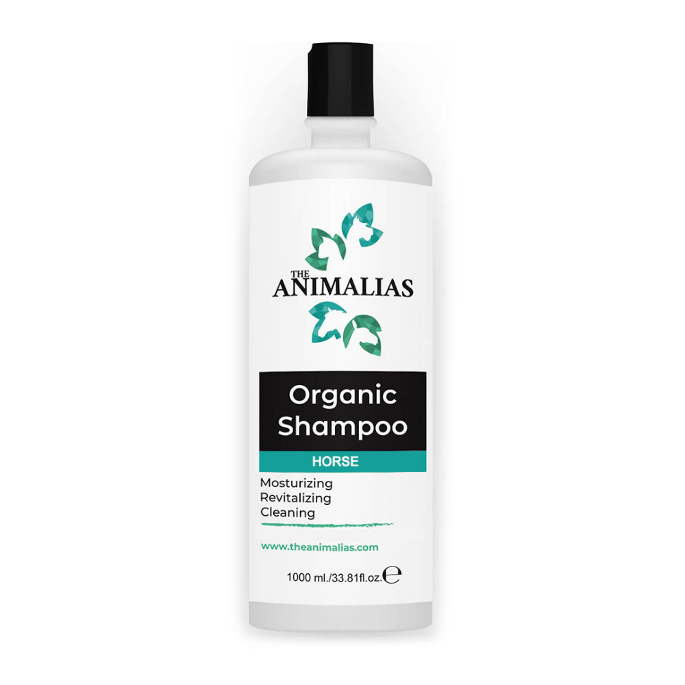 ANIMALIAS SHAMPOO bottle, organic formula for horse grooming, moisturizing and revitalizing cleaning solution.