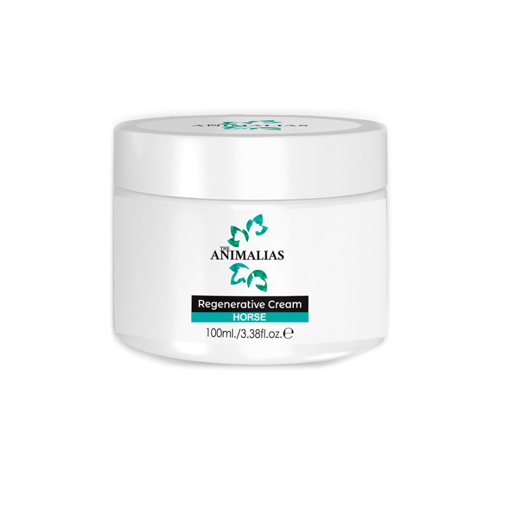 ANIMALIAS REGENERATIVE CREAM® for horses, 100ml jar, professional healing formula in a cosmetic laboratory.