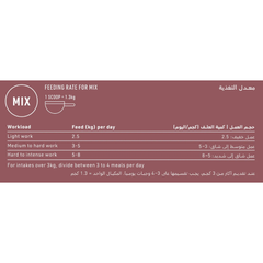 Feeding rate for MAINTENANCE MIX horse feed showing different workloads and recommended feed amounts.