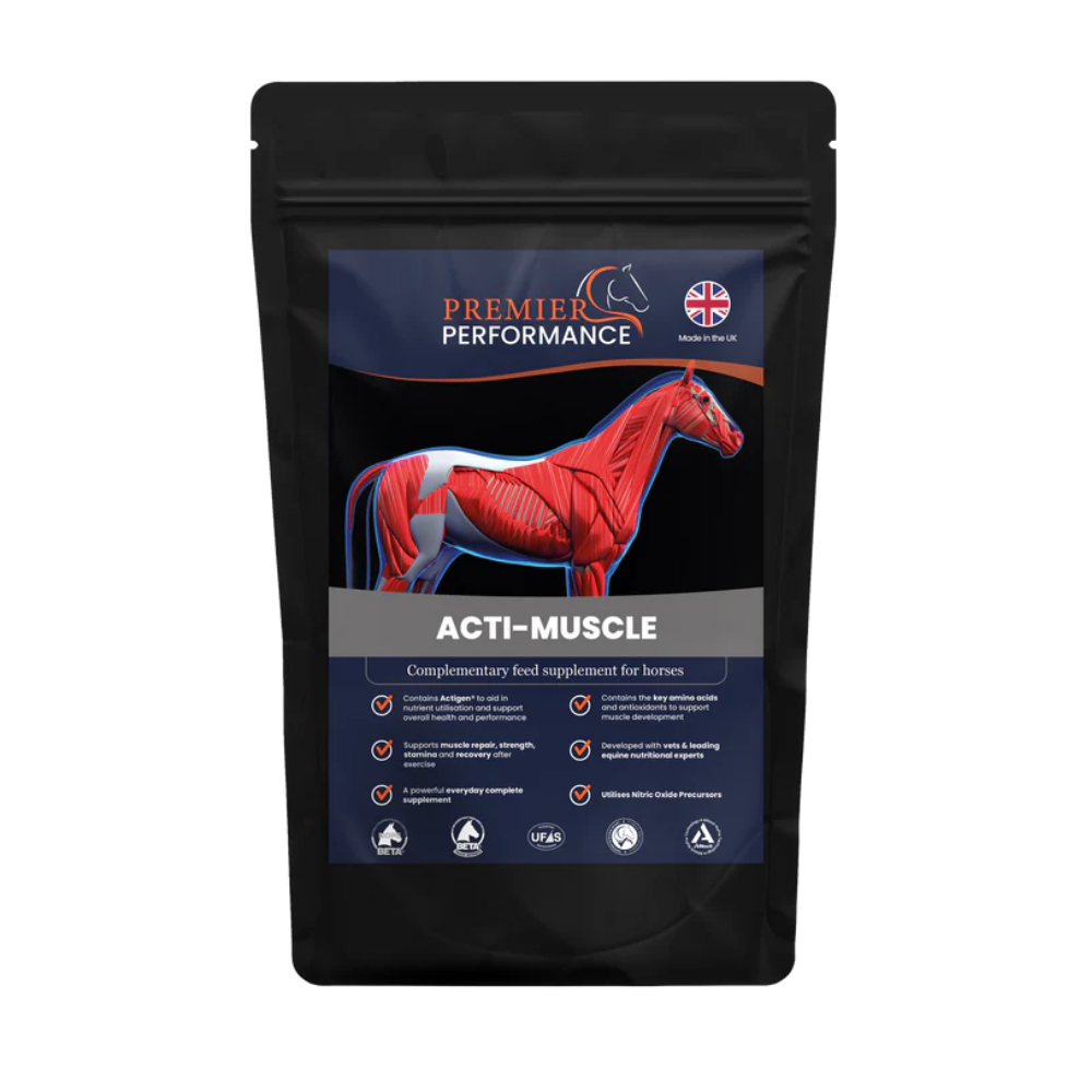 Acti-Muscle by Premier Performance, a supplement pouch for horse muscle development and recovery.