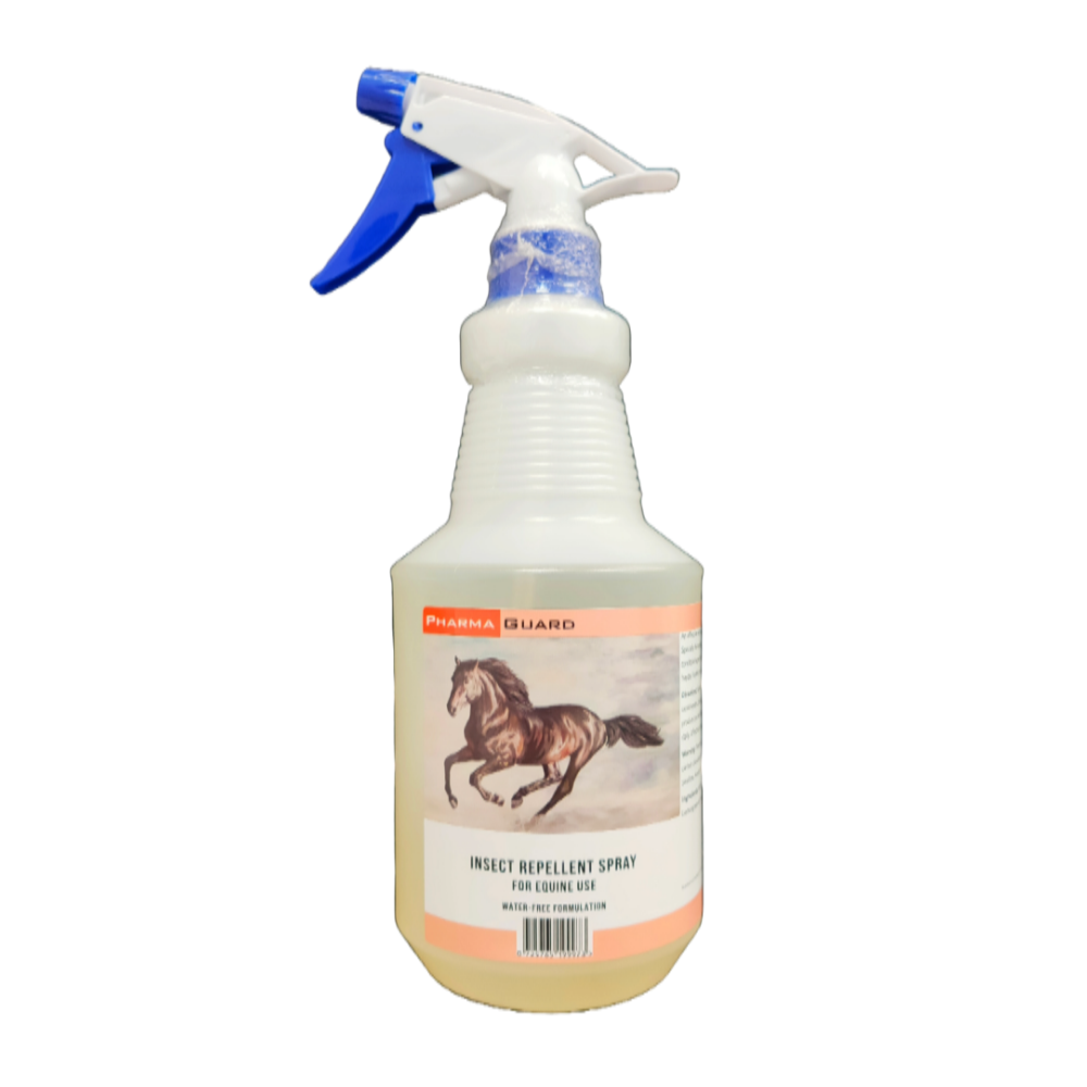 Insect repellent spray bottle for equine use on a white background