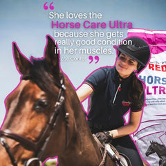 Woman riding a horse with a package of HORSE CARE ULTRA CUBES | RED MILLS | UAE | AL ZARRAB in the background.