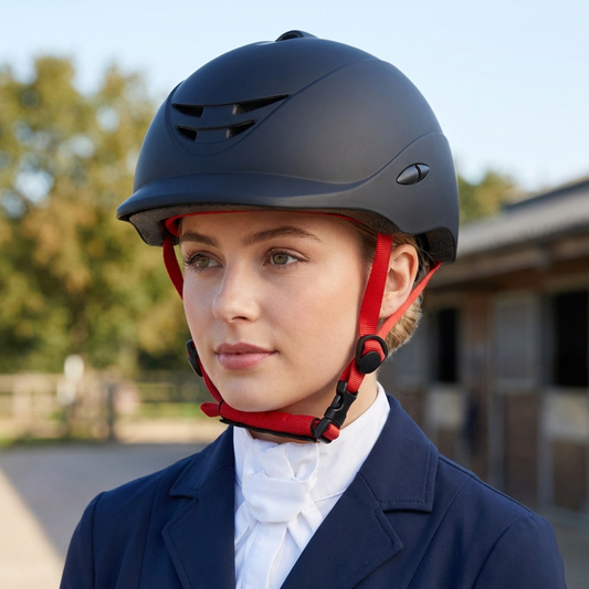 Alzarrab Ucaco AeroLite Pro Riding Helmet worn by a young female rider in a stable setting, showcasing its lightweight design.