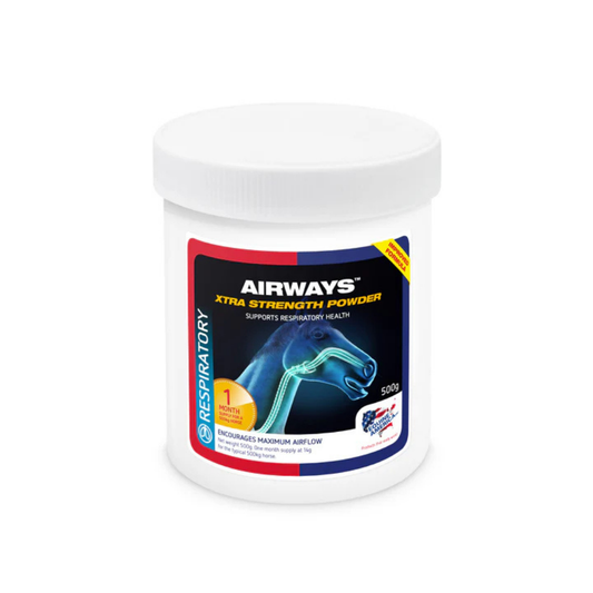 AIRWAYS XTRA STRENGTH POWDER supplement for respiratory health in horses, supports airway function, 500g container.
