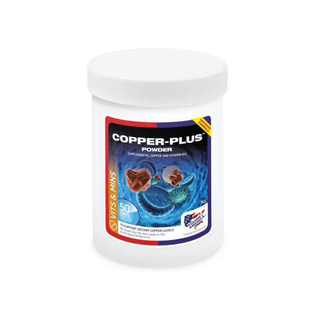 COPPER PLUS powder supplement for horses, designed to support dietary copper levels and promote overall health.