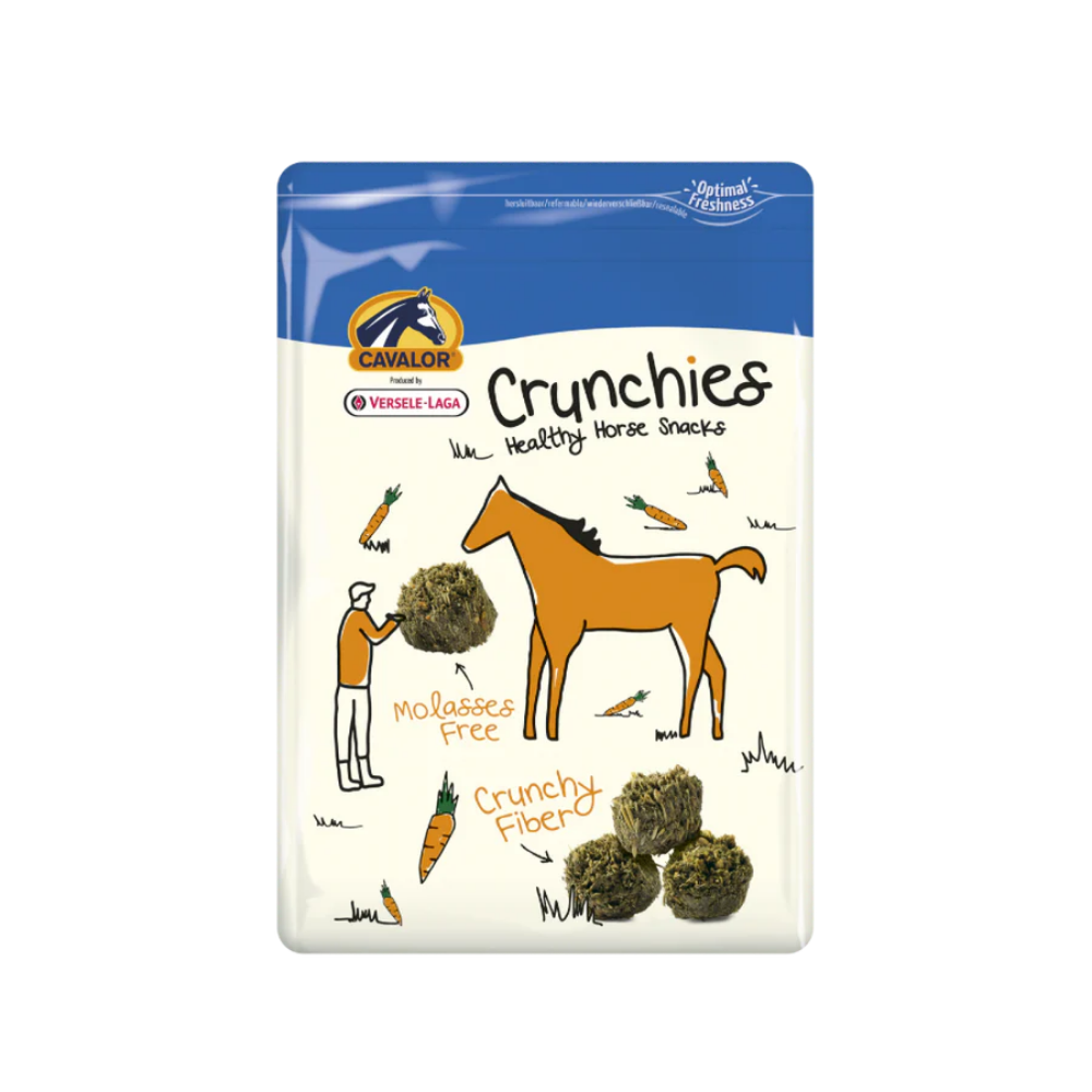 Crunchies by Cavalor, healthy horse snacks packed with crunchy fiber and molasses free for a balanced diet.