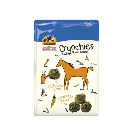 Crunchies by Cavalor, healthy horse snacks packed with crunchy fiber and molasses free for a balanced diet.