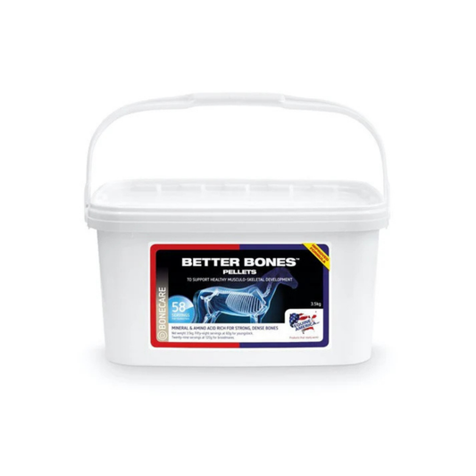 Better Bones supplement pellets in a white container for equine bone health support.