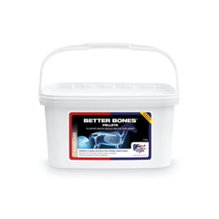 Better Bones supplement pellets in a white container for equine bone health support.