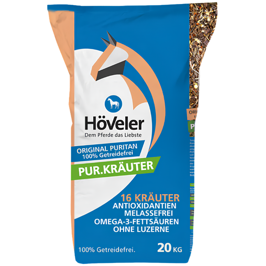 Höveler PUR.KRÄUTER herbal muesli for horses, grain-free, with 16 herbs, high-quality fiber, and linseed oil.