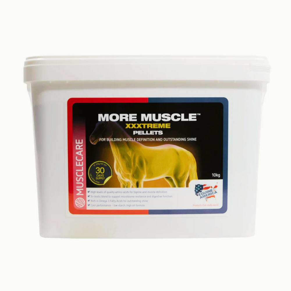 More Muscle XXxtreme Pellets supplement container for building muscle definition and shine in horses.