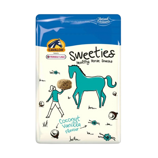 Cavalor Sweeties horse snacks in a resealable pouch; coconut and vanilla flavor treats for horses.