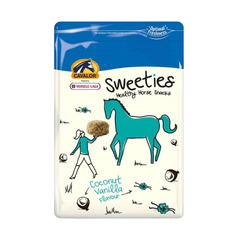 Cavalor Sweeties horse snacks in a resealable pouch; coconut and vanilla flavor treats for horses.