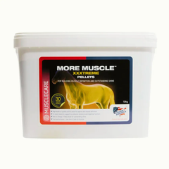 More Muscle XXxtreme Pellets supplement container for building muscle definition and shine in horses.