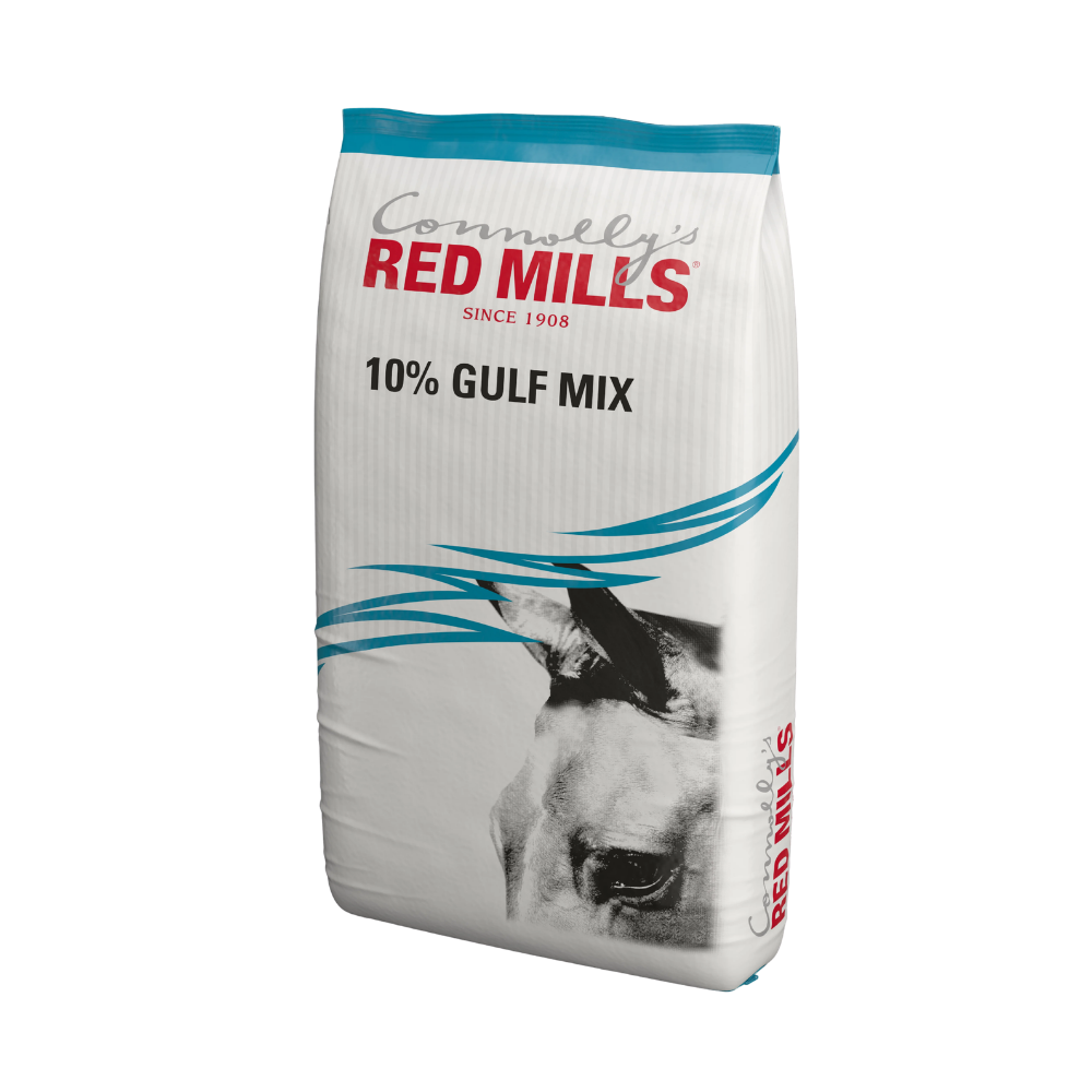 10% GULF MIX horse feed by RED MILLS in a bag, designed for horses in light work and Gulf climate.