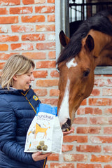 A woman feeding Crunchies horse treats to a brown horse in a stable, showcasing the product's packaging.