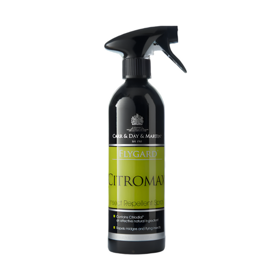 A black spray bottle labeled FLYGARD Citromax, which is a fly spray for horses.