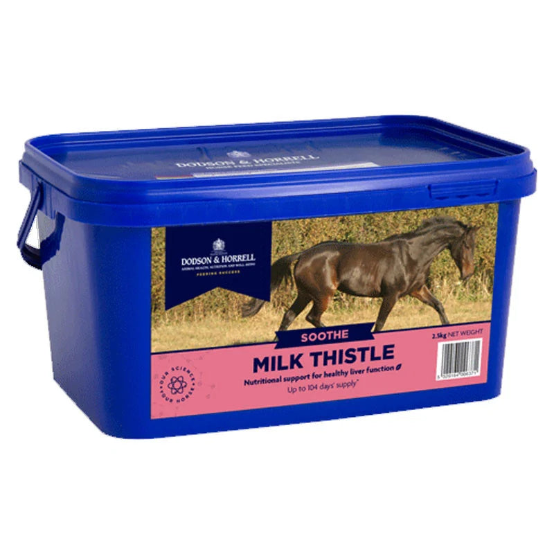 D&H MILK THISTLE herbal supplement for horses, supporting healthy liver function in a blue container.