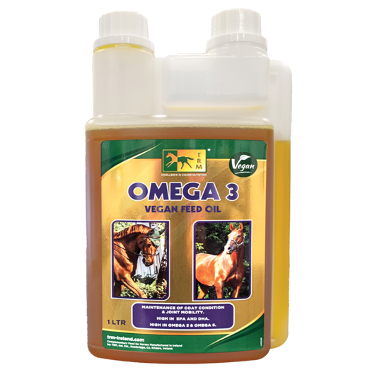 Omega 3 Vegan Feed Oil bottle for horses on a white background